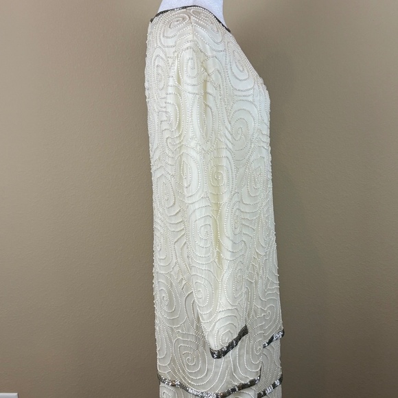 Laurence Kazar New York 100% Silk Vintage Angled Ivory Formal Beaded Midi Dress - Picture 11 of 16